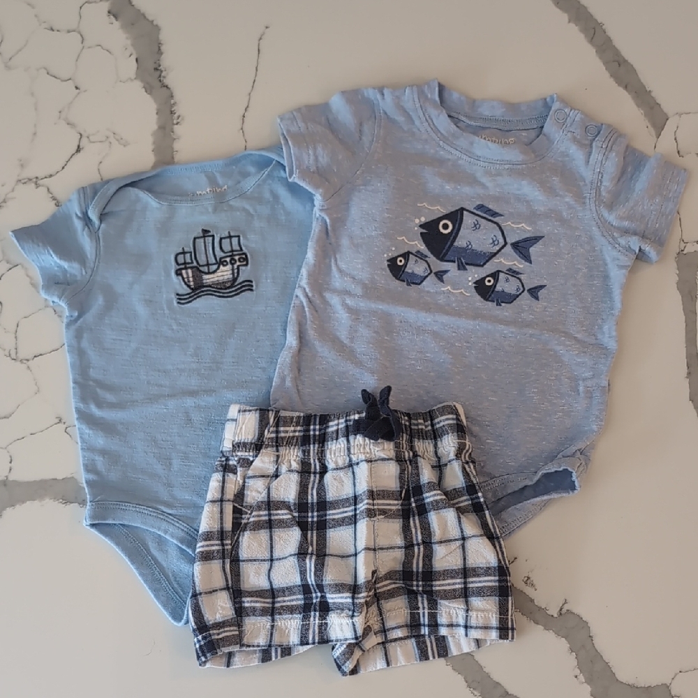 Baby Boys Jumping Beans 6 Month Blue And White Plaid Outfit Fish & Boat Designs